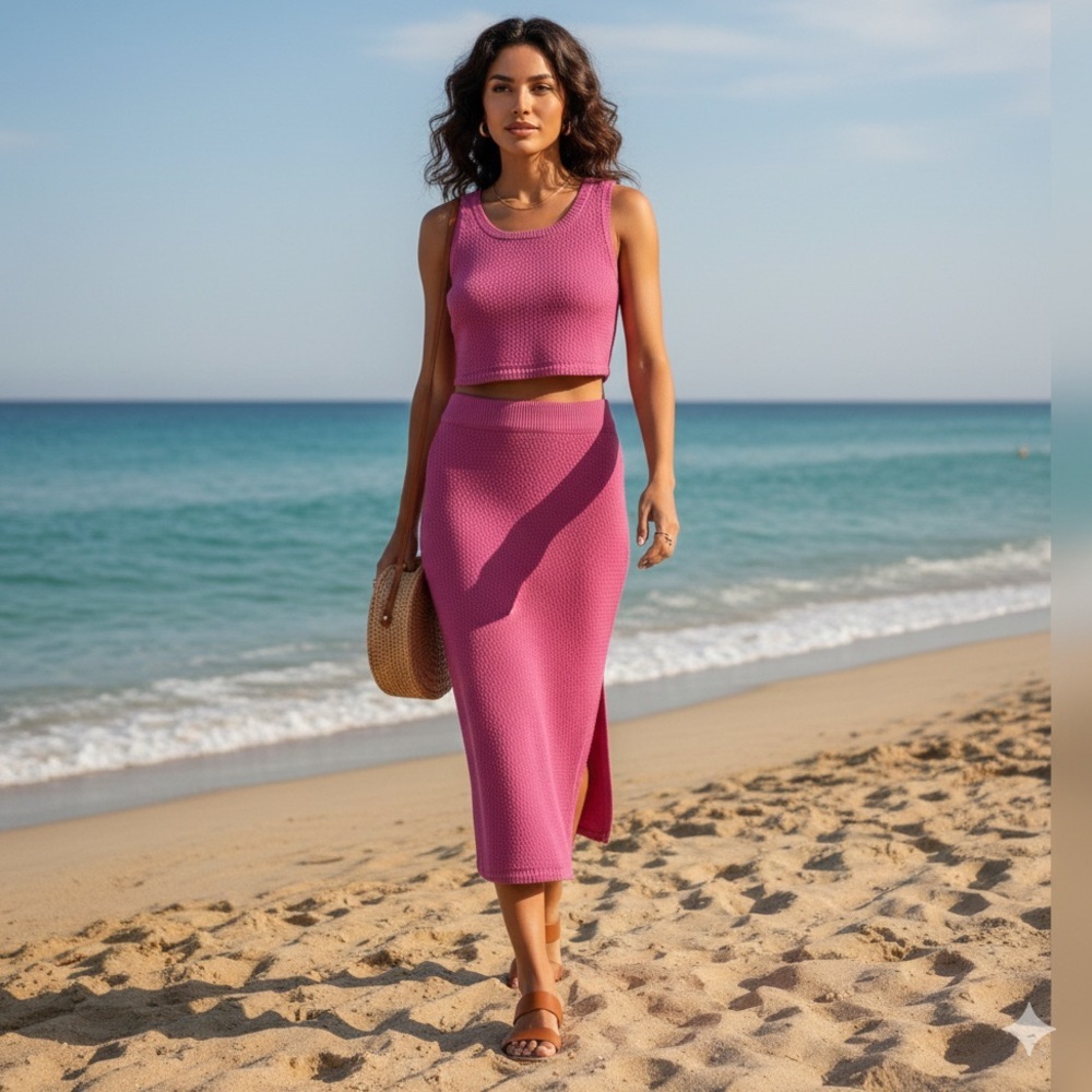 Ribbed Tank & Midi Skirt Set in Fuchsia